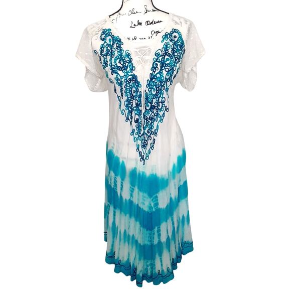 Vintage 90s Tie Dye Midi Dress Handkerchief Hem Embroidered Resort Wear 3X NWT - Picture 1 of 13